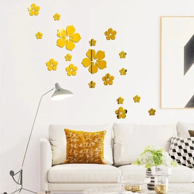 24 Pcs Flower Acrylic Mirror Stickers Golden Wall Decor