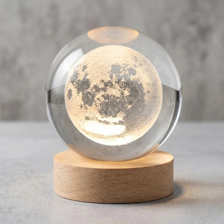3D Crystal Ball Moon Night Light with Wooden Base