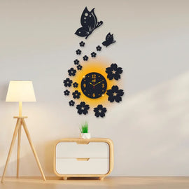 3D Wall Clock with Wooden Butterflies & Flowers