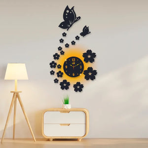 3D Wall Clock with Wooden Butterflies & Flowers